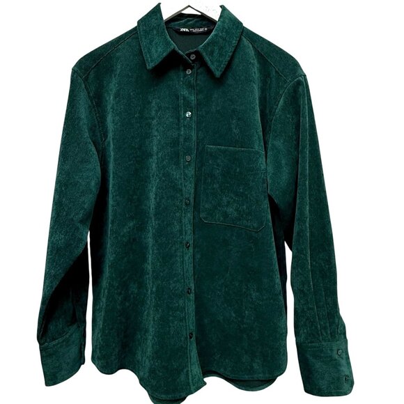ZARA Green Corduroy Shirt Medium Top Holiday Shirt Jacket Womens Button Up - Picture 2 of 12